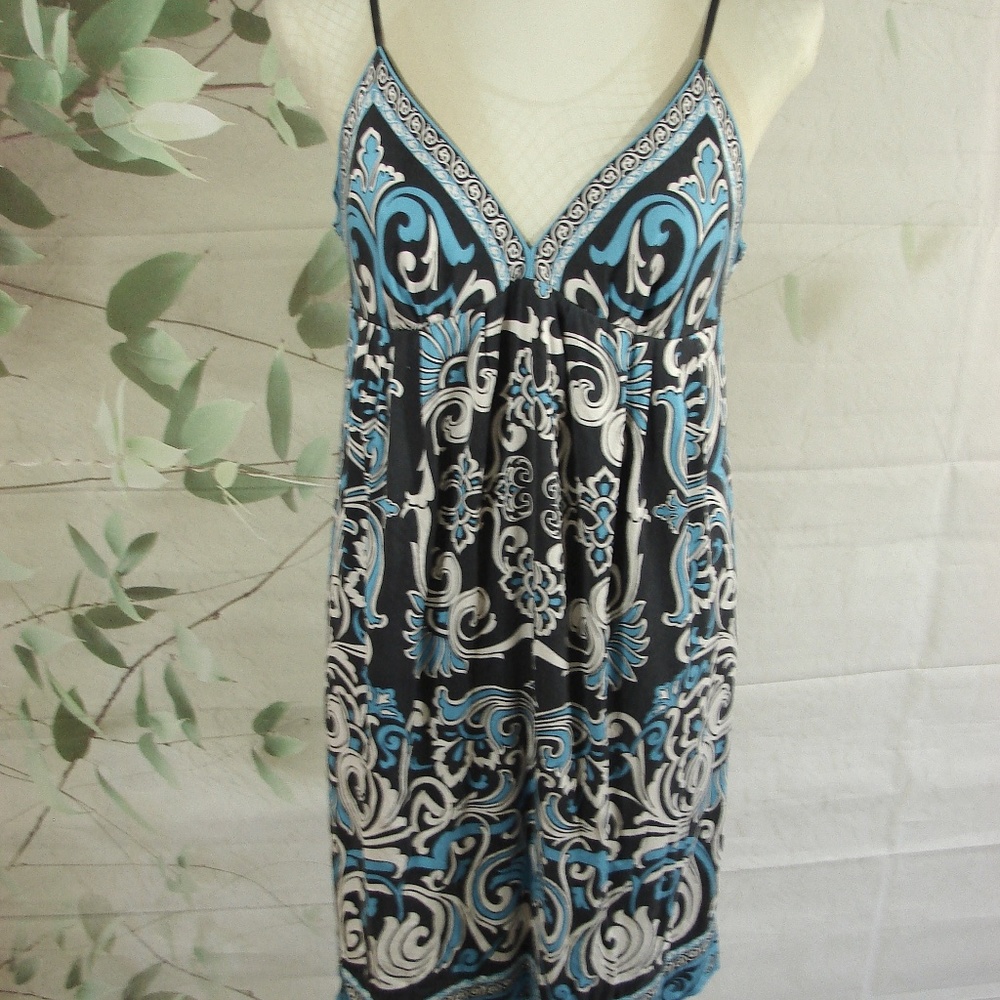 ECI New York Tank Dress Wash Silk Aqua Black White Abstract Tribal Design Large